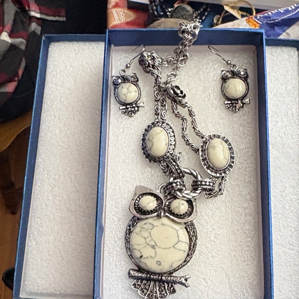 Silver Owl Jewelry Set with White Accents